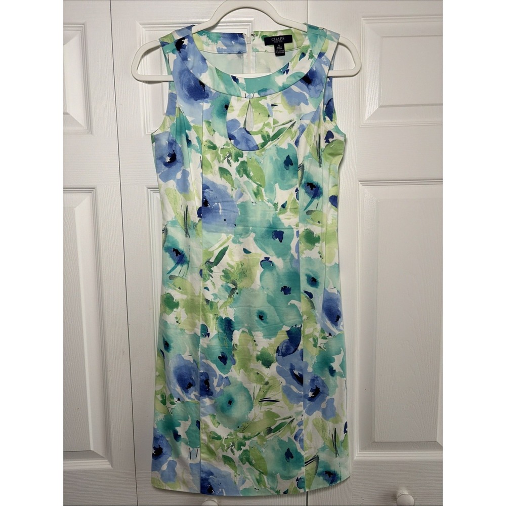 Chaps Watercolor Floral Sheath Dress Womens Size 4 Blue Green Cotton Sleeveless